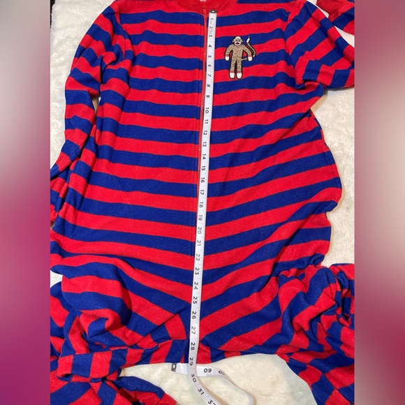 Nick & Nora sock monkey onesie pajamas size medium red & blue striped - Picture 6 of 9